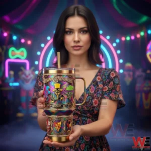 Person holding Insane Clown Posse tumbler in colorful background!