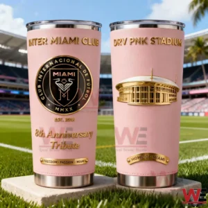 Two Inter Miami Club inspired tumblers with pink and gold design club crest DRV PNK Stadium artwork metallic base and football field background!