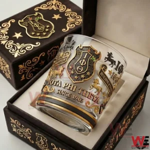 Iota Phi Theta commemorative whiskey glass displayed inside a premium gift box with detailed crest design!