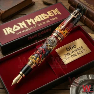 Limited edition Iron Maiden fountain pen resting inside a red velvet display box with number of the beast theme!