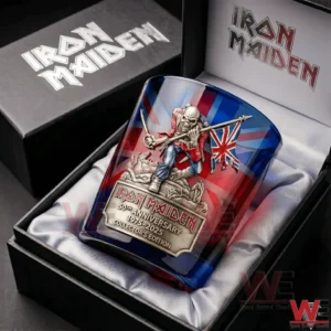 Iron Maiden fiftieth anniversary collector whiskey glass displayed in a black gift box with detailed artwork!