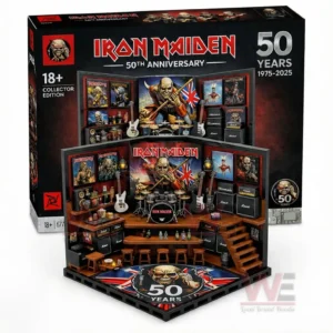 Iron Maiden fiftieth anniversary collector edition rock bar stage diorama with drum kit guitars amplifiers posters mascot mural bar counter bottles stools stairs and fifty years emblem floor plus branded box behind!