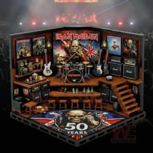 Iron Maiden fiftieth anniversary rock bar stage diorama with drum kit guitars amplifiers posters mascot mural bar counter bottles stools shelves stairs and fifty years emblem floor set against concert crowd background!