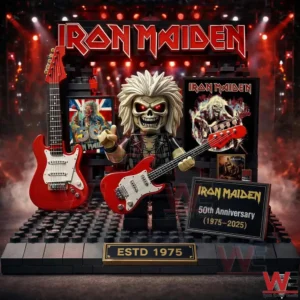 Eddie character holding a red guitar on a themed Iron Maiden display stage!