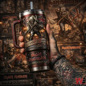 Hand holding an Iron Maiden Eddie anniversary tumbler with detailed artwork fire effects and fifty year celebration design!