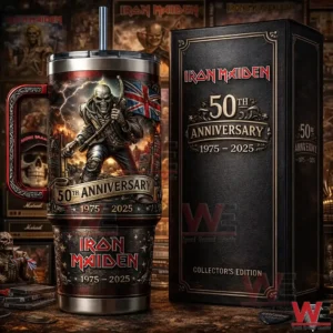 Iron Maiden anniversary tumbler shown with matching presentation box emphasizing collector style and detailed artwork!