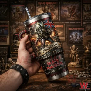 Angled hand held Iron Maiden Eddie tumbler showing full artwork wrap and fifty year anniversary theme!