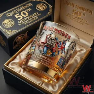 Iron Maiden anniversary whiskey glass displayed in a premium gift box with satin lining and detailed artwork!