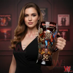 Iron Maiden anniversary beer glass displayed on a bar counter next to a themed collector box with bold artwork!