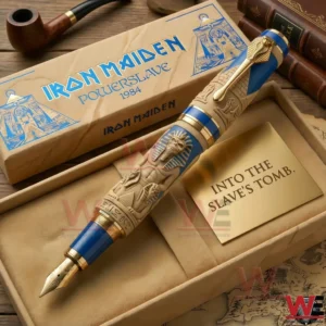An Iron Maiden Powerslave inspired pen resting inside a decorative presentation box with ancient Egyptian design elements!
