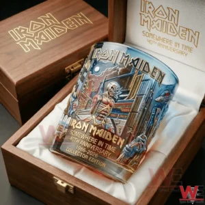 Iron Maiden collector glass displayed in a wooden box with detailed artwork!