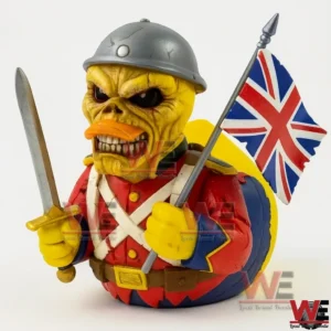 Yellow trooper rubber duck figure wearing a gray helmet and red uniform holding a sword and a United Kingdom flag on a white background!
