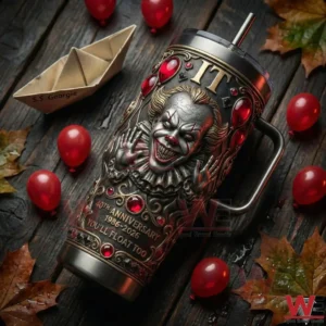 A top view of a horror themed insulated tumbler on wood with red balloons fallen leaves and a paper boat creating a dark cinematic scene!