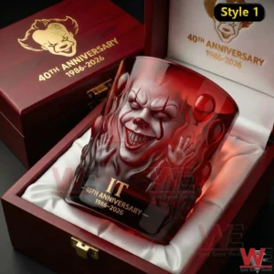 Luxury horror themed whiskey glass with a red clown face design displayed inside a wooden collector box!