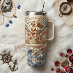 Ornate insulated tumbler with romantic couple artwork nautical decorations and elegant ocean themed design!