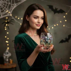 Jack and Sally The Nightmare Before Christmas Whiskey Glass 3 Woman holding a Jack Skellington and Sally themed whiskey glass in a softly lit Halloween inspired setting!