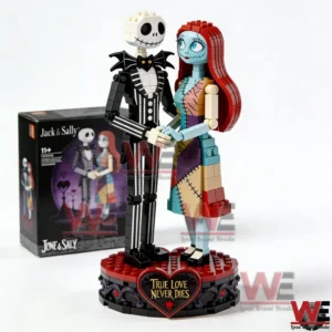 Building block figures of Jack and Sally holding hands on a heart base with the text True Love Never Dies and the set box in the background!