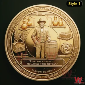 A gold colored commemorative coin displaying a historical gentleman with a barrel and classic distillery icons in an ornate circular frame on a dark background!