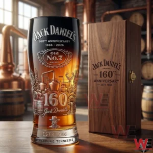 Jack Daniel Old No 7 160th anniversary collector beer glass with engraved design and wooden display box placed in a classic distillery environment!