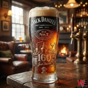 Jack Daniel Old No 7 160th anniversary beer glass filled with beer on a wooden bar with cozy pub background!