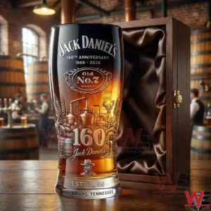 Jack Daniel Old No 7 160th anniversary beer glass positioned in front of an open wooden collector box in a brewery setting!