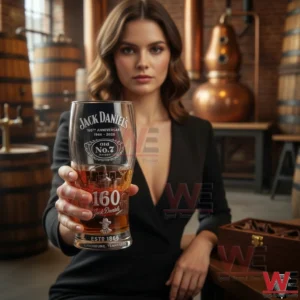 Woman holding a Jack Daniel Old No 7 160th anniversary beer glass inside a traditional distillery environment!