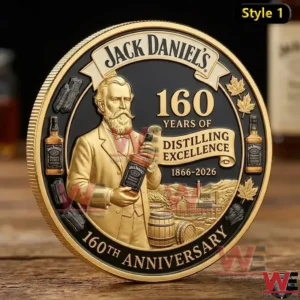 A detailed anniversary coin with a historical man holding a bottle surrounded by heritage symbols!