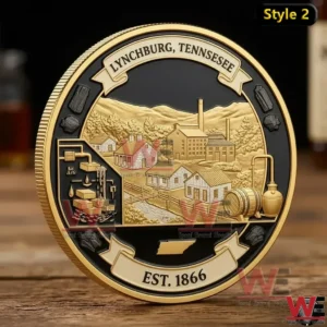 A detailed reverse side of a collectible coin with distillery buildings barrels and rural scenery!