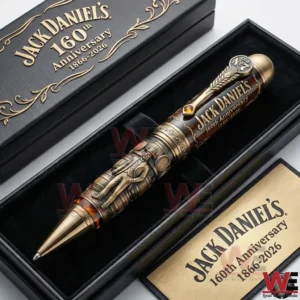 The image presents a high end anniversary pen resting in a fitted box with elegant design elements and heritage inspired craftsmanship!