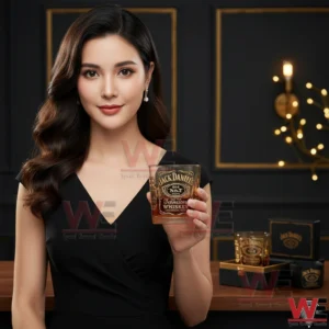 Woman holding a Jack Daniels whisky glass in a luxury setting!