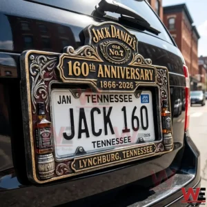 Jack Daniels 160th anniversary Tennessee license plate frame mounted on a black vehicle with ornate gold and black trim!
