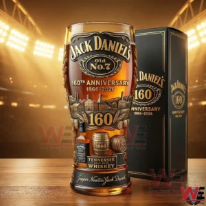 Jack Daniels anniversary whiskey glass with ornate design displayed beside a black heritage gift box under warm lights!