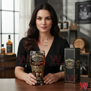 Woman holding a Jack Daniels anniversary whiskey glass at a bar counter with bottles and gift box in the background!