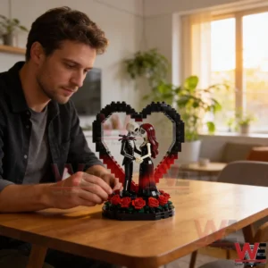 Man assembling a gothic heart shaped building block display with a skeleton couple on a wooden table in a sunlit living room!