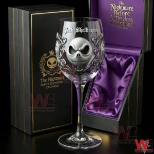 Decorative Jack Skellington wine glass standing in front of a luxury presentation box with dark elegant styling!