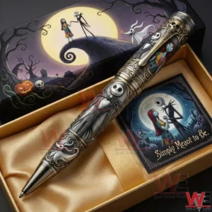 A gothic fantasy collectible pen displayed in a themed box with illustrated characters and moonlit artwork!