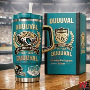 Teal Jacksonville Jaguars Duuuuval tumbler with handle and straw next to a matching 30th anniversary 1995 2025 gift box with Jaguars logo laurel wreath and stadium graphic