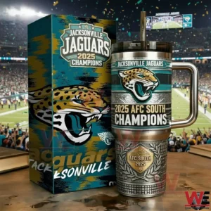 Jacksonville Jaguars 2025 AFC South Champions Tumbler 4 Jacksonville Jaguars 2025 AFC South Champions stainless steel tumbler with handle and straw placed next to a matching champions gift box on a tabletop with a football stadium and confetti in the background!