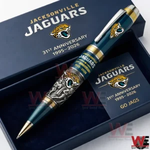 Teal and gold Jacksonville Jaguars commemorative anniversary pen inside an open gift box with team logo and thirty first anniversary 1995 to 2026 text!