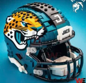 Jacksonville Jaguars NFL Helmet Building Blocks Set 3 Side view of a Jacksonville Jaguars football helmet constructed from detailed building blocks with face mask and logo!