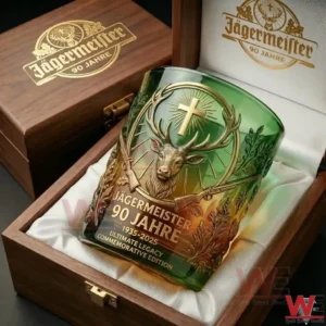 A green anniversary whiskey glass with a detailed deer and cross emblem resting inside an open wooden gift box lined with fabric and designed as a Jagermeister ninety year commemorative edition!