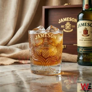 Jameson whiskey glass with ice placed on a table with a bottle and wooden gift box in the background!