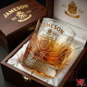Jameson whiskey glass placed inside a wooden presentation box with engraved branding and soft interior lining!
