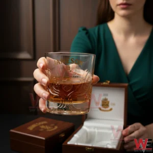 Woman holding a Jameson whiskey glass with engraved details and a wooden gift box in the background!