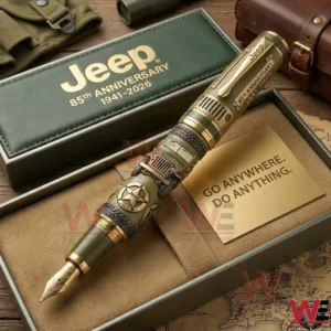A Jeep eighty fifth anniversary commemorative pen displayed in an elegant box featuring metallic construction engraved details and a rugged adventure inspired design!