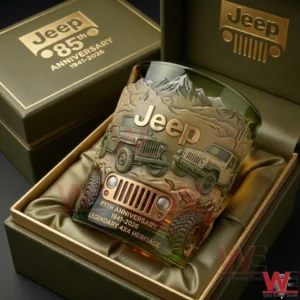 Jeep eighty fifth anniversary whiskey glass placed in an elegant gift box with rugged four by four themed design and heritage styling!