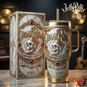 A Jelly Roll insulated tumbler and presentation box displayed together in a music inspired environment!
