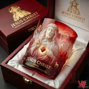 Red crystal Jesus Christ commemorative glass with sacred heart artwork placed inside a premium wooden gift box!
