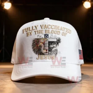 White faith themed baseball cap with embroidered message and a cross lion and praying figure graphic plus a United States flag patch on the side.