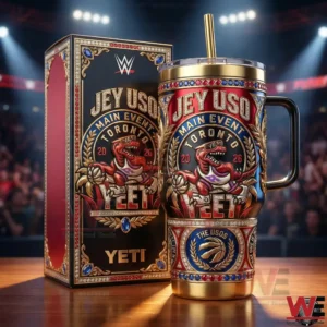 Insulated mug with Jey Uso main event design displayed next to themed box!